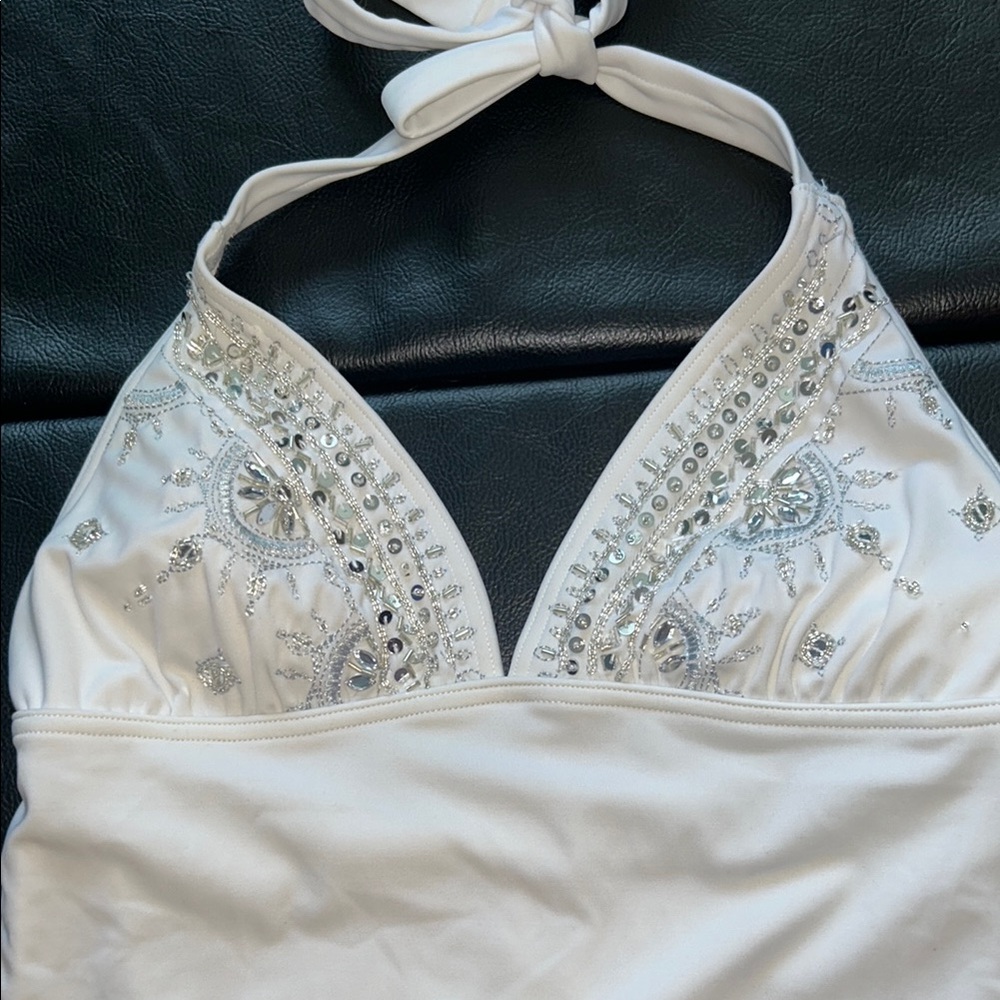 Beautiful White Halter One-Piece Swimsuit with Embellishments- Size 8 WORN ONCE - Picture 2 of 6